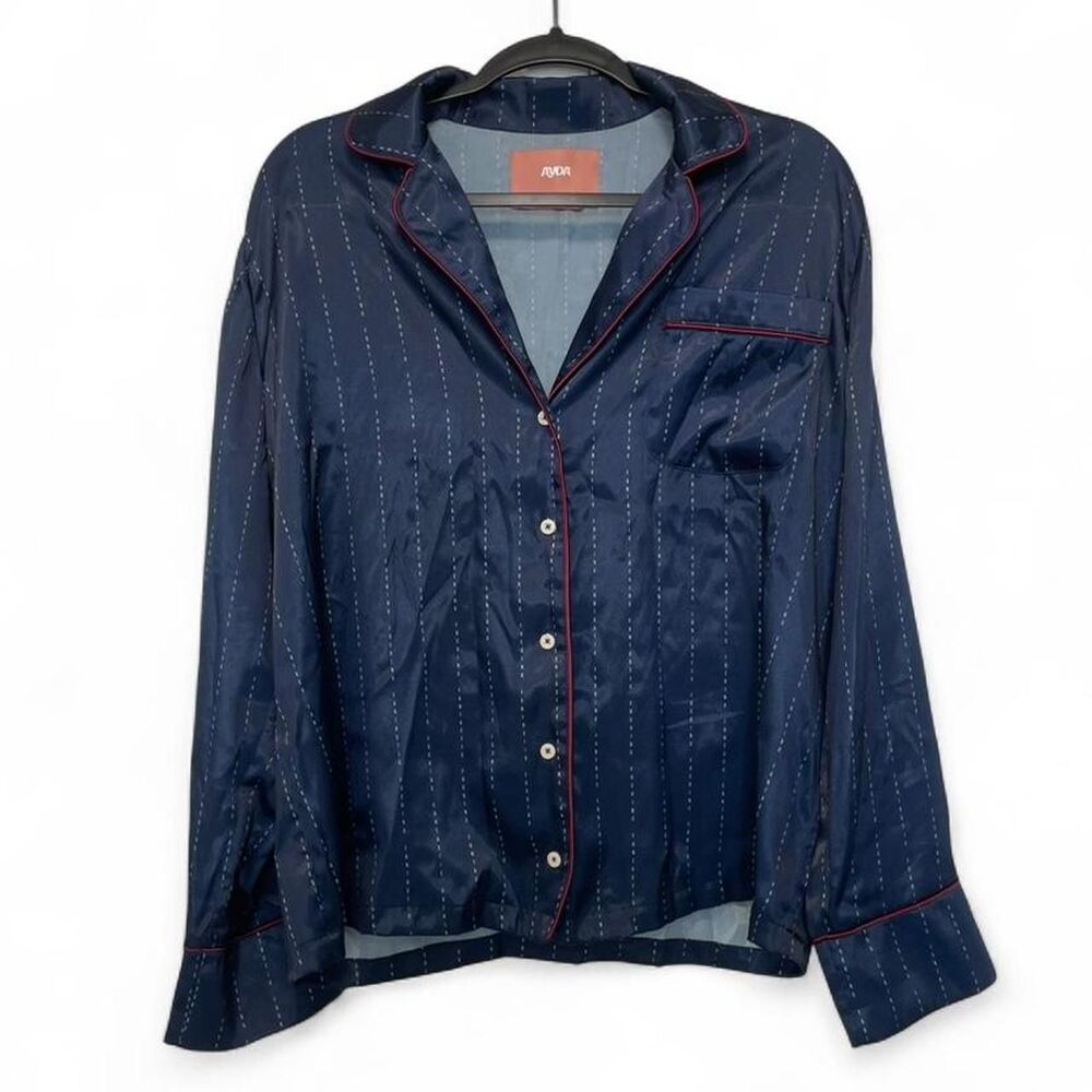 Ayda Day-Jama Luxury Pajama Top Navy Satin Button Down Women’s Medium